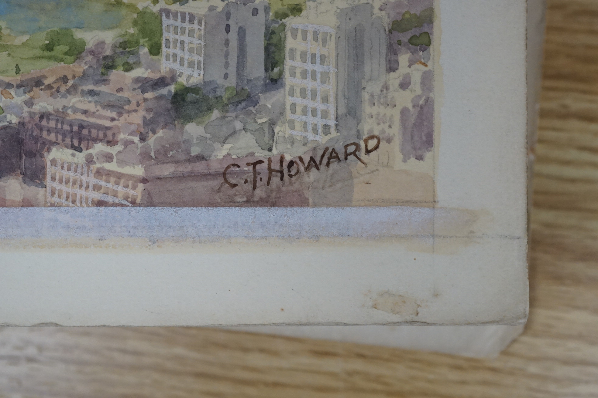 Charles Thomas Howard (1865-1942), set of four original watercolours for postcard designs, vintage aircraft, to include Monospar ST-25 and Percival Gull over Sydney, two signed, 21 x 32cm, unframed. Condition - fair to g
